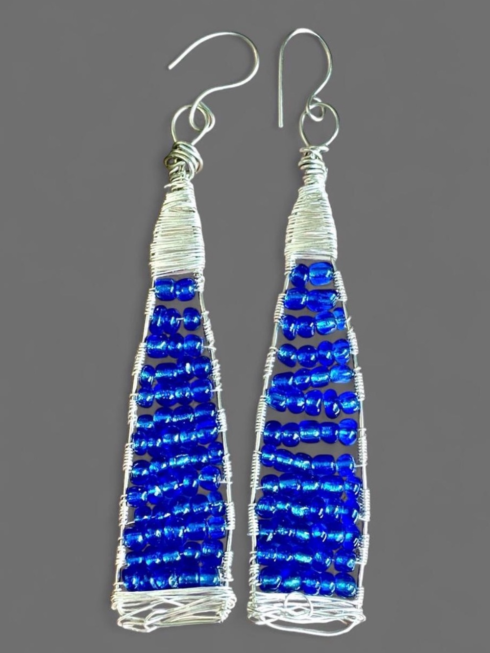 Vintage Artisan Cobalt Blue Glass Bead Wire Earrings Folk Art Geometric Triangle